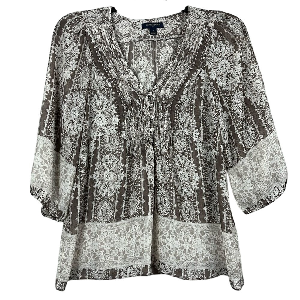 Banana Republic Sheer‎ 3/4 Sleeve Blouse Boho Womens Size Medium Brown Lace Trim